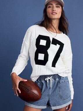 Francesca's Collections White Cable Knit Sweater with Black '87' Graphic